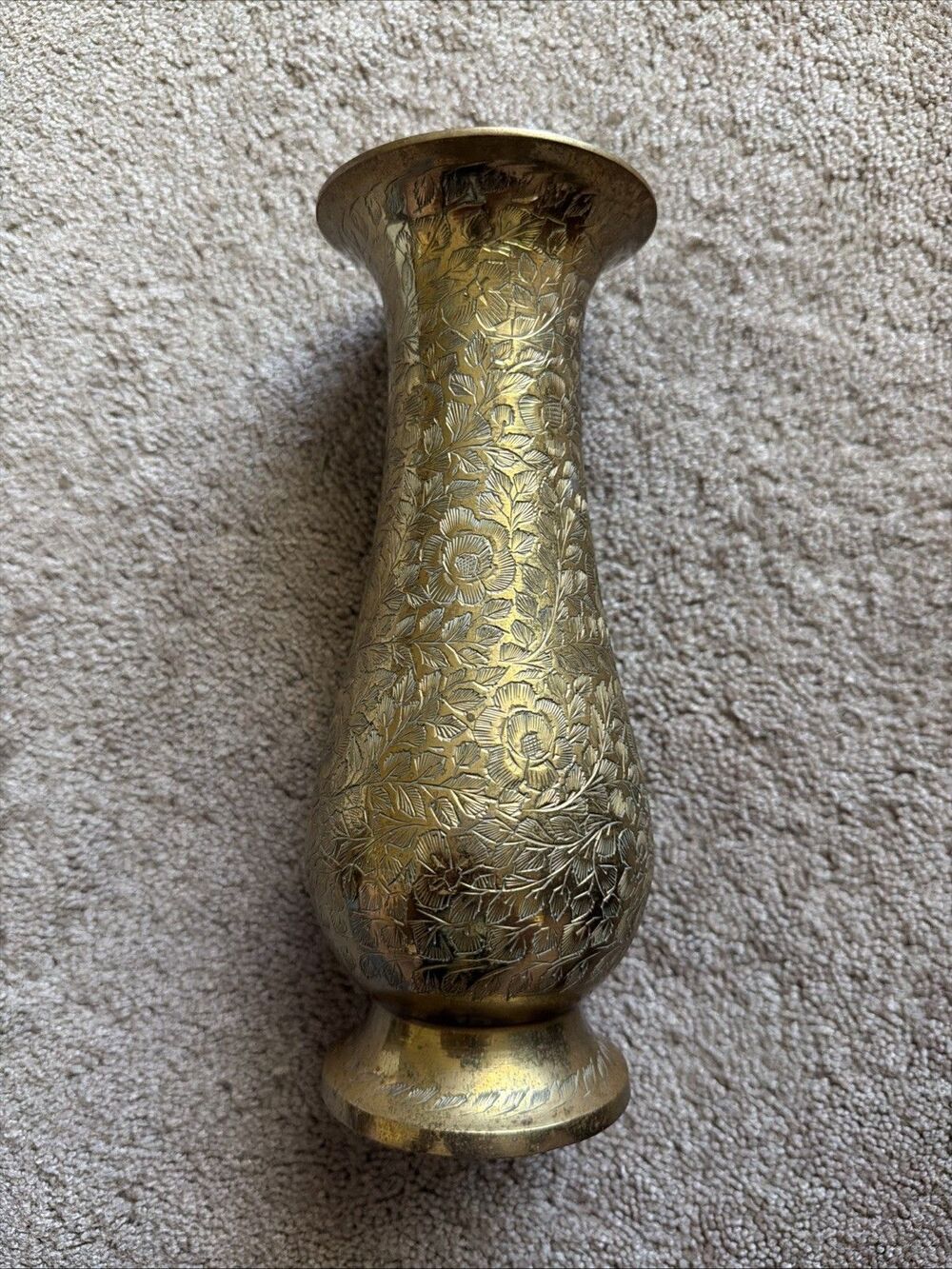 Vintage Solid Brass Etched Floral Design Vase 8.5'' Tall Made In India